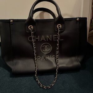 INSPIRED Navy Blue Leather Tote with Chain Handles